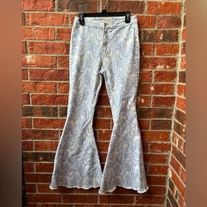 Peach Love Womens Medium Blue Tie Dye Groovy Hippie Flare Disco Rave Boho Jeans